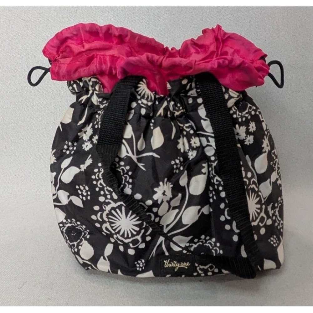 Thirty One Thermal Lunch Bag Womens Small Black Floral Pink Excellent Drawstring